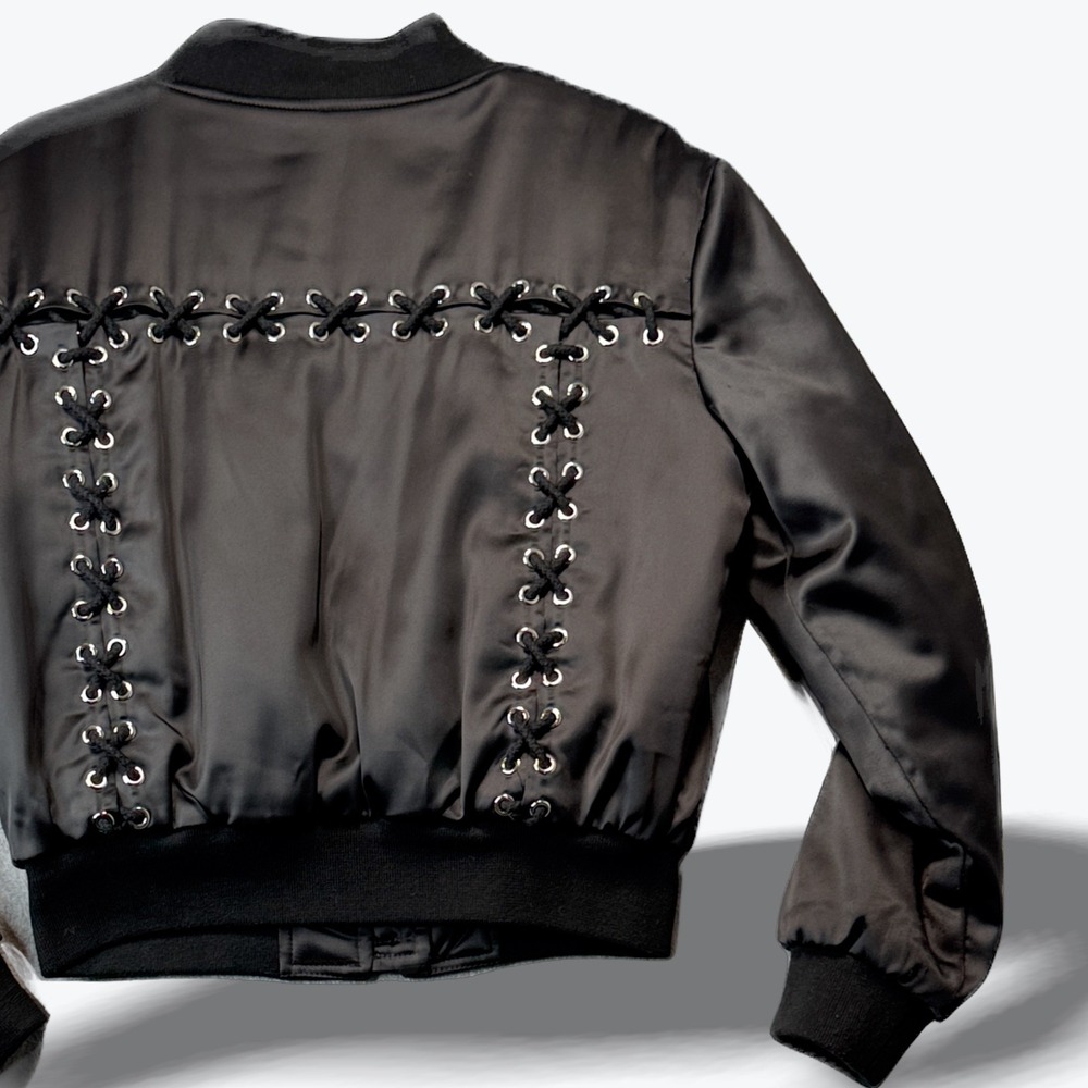 Seek The‎ Label Bomber Jacket Lace Up Grommet Black Satin Edgy Grunge Moto Small